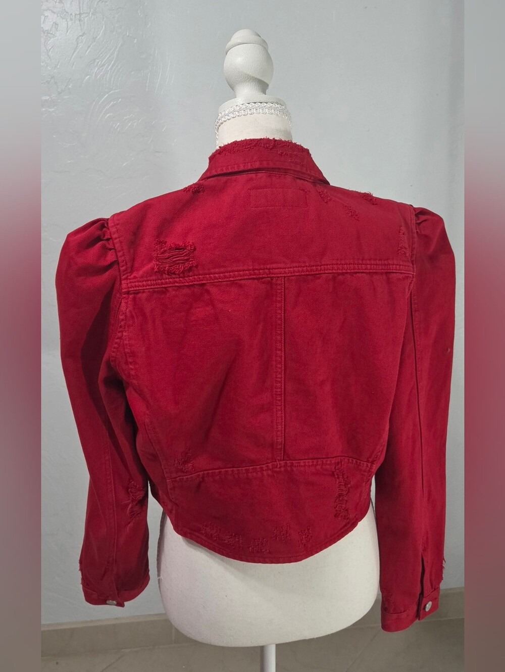 BLANKNYC Denim Jacket M Red Cropped Distressed Puff Sleeve Edgy Grunge Rocker - Picture 3 of 15